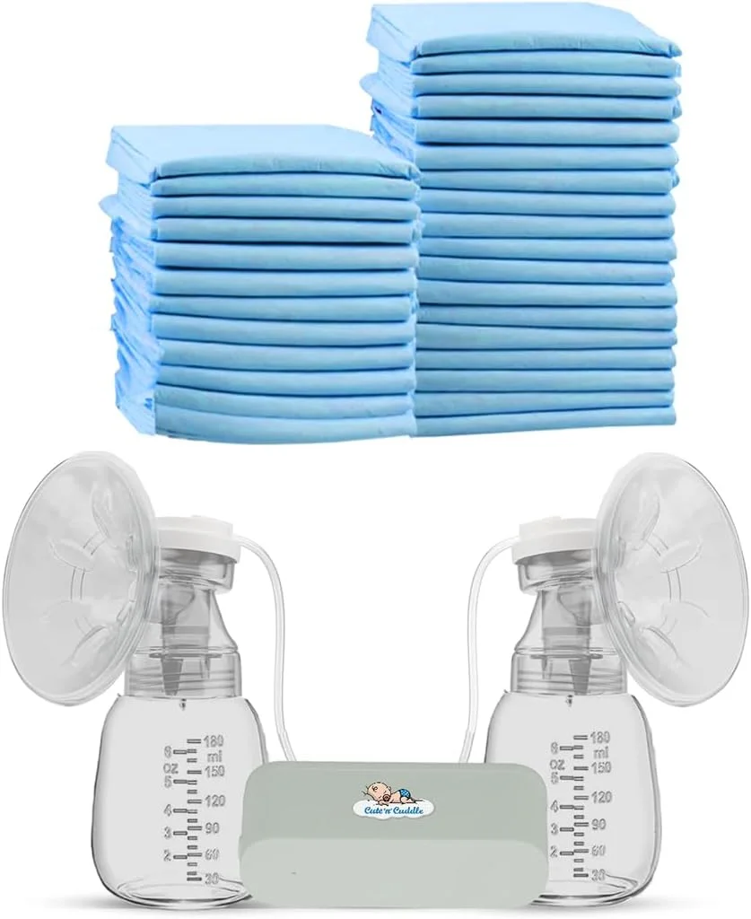 ست پمپ شیر دوش برقی و پد تعویض یکبار مصرف کودک کیوت اند کادل، پمپ شیر دوشی + 210 عدد پد تعویض ضد آب (60x45 سانتی متر) - لوازم ضروری تعویض پوشک کودک و مسافرت برای مادران