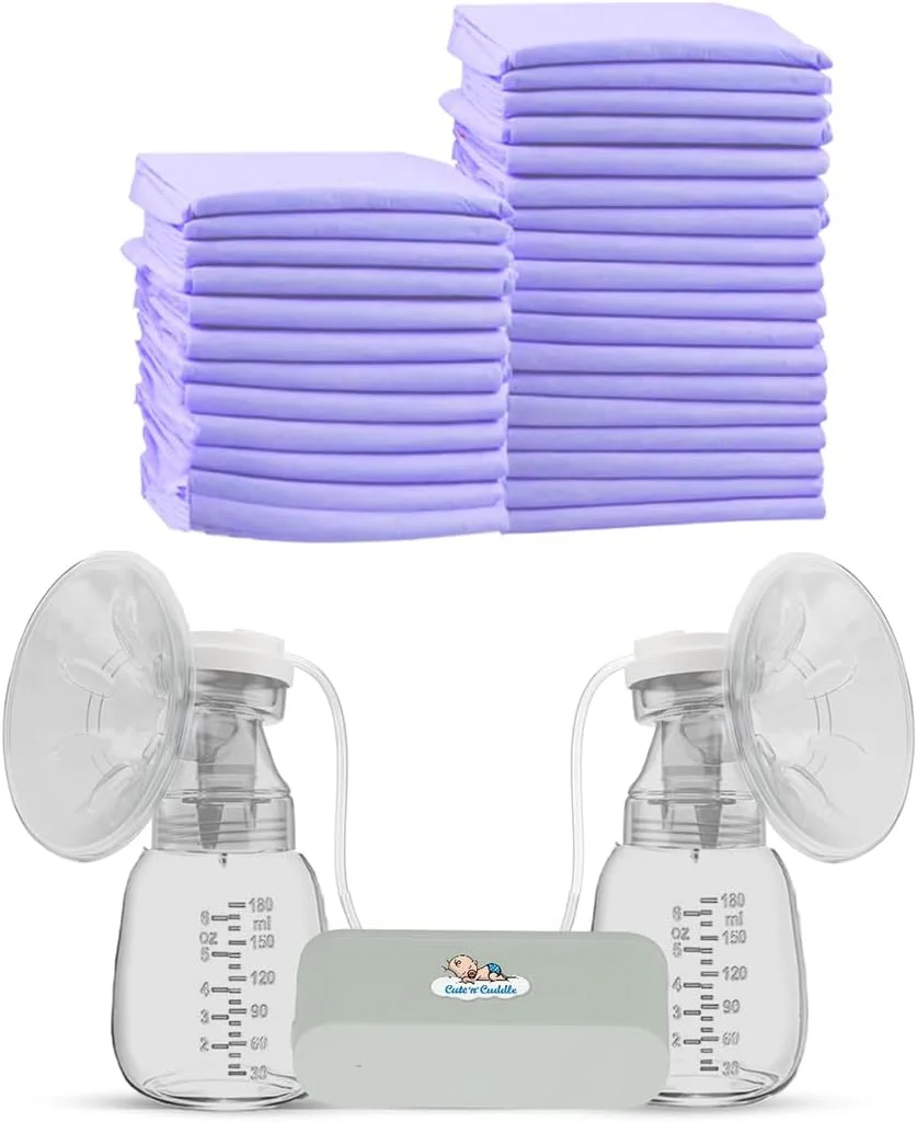 ست پد تعویض یکبار مصرف کودک Cute 'N' Cuddle و پمپ شیر دوش برقی - پمپ شیردهی + 120 عدد پد تعویض ضد آب (60x45 سانتی متر) - لوازم ضروری تعویض پوشک کودک و مسافرت برای مادران