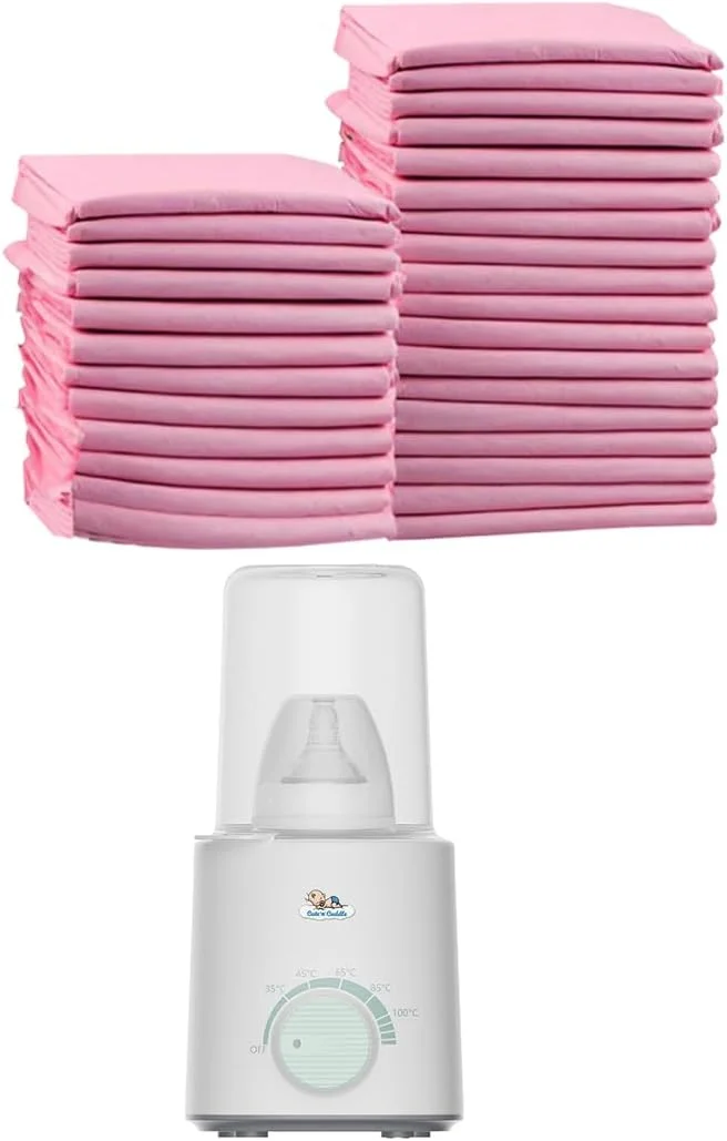 پد تعویض یکبار مصرف کودک به همراه گرم کننده شیشه شیر - بسته 90 عددی پدهای ضد آب و فوق العاده نرم (60x45 سانتی متر) + گرم کننده سریع برقی شیر با گرمایش دوگانه و درب شیشه ای ایده آل برای نوزادان، مسافرت و خانه