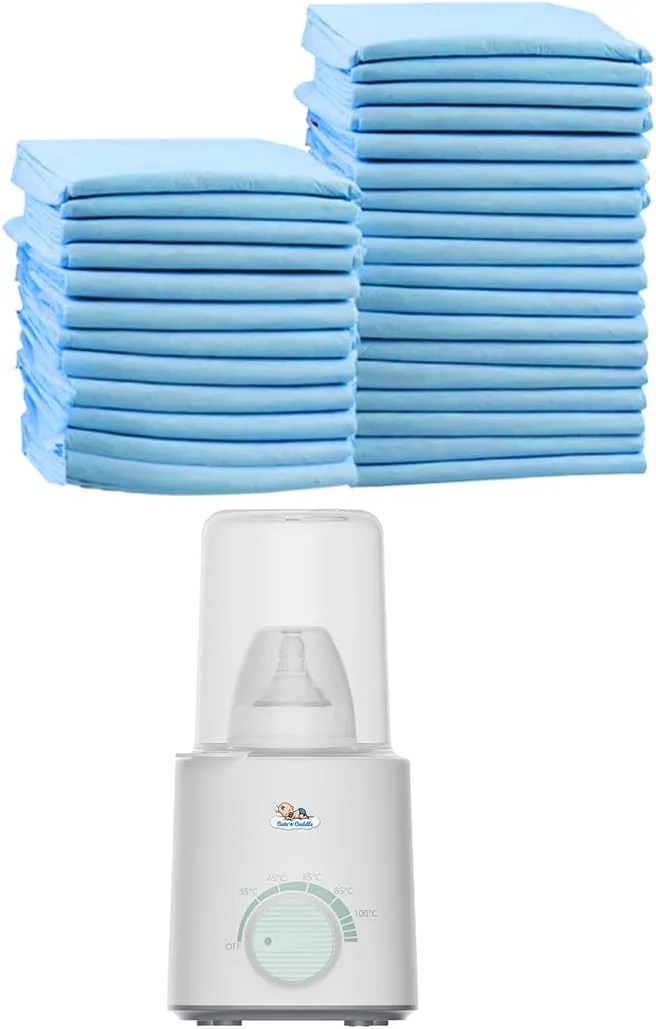 زیرانداز تعویض پوشک یکبار مصرف کودک به همراه گرم کننده شیشه شیر - بسته 210 عددی زیرانداز ضد آب و فوق العاده نرم (60x45 سانتی متر) + گرم کننده سریع برقی شیر با گرمایش دوگانه و درب شیشه ای، ایده آل برای نوزادان، مسافرت و خانه.