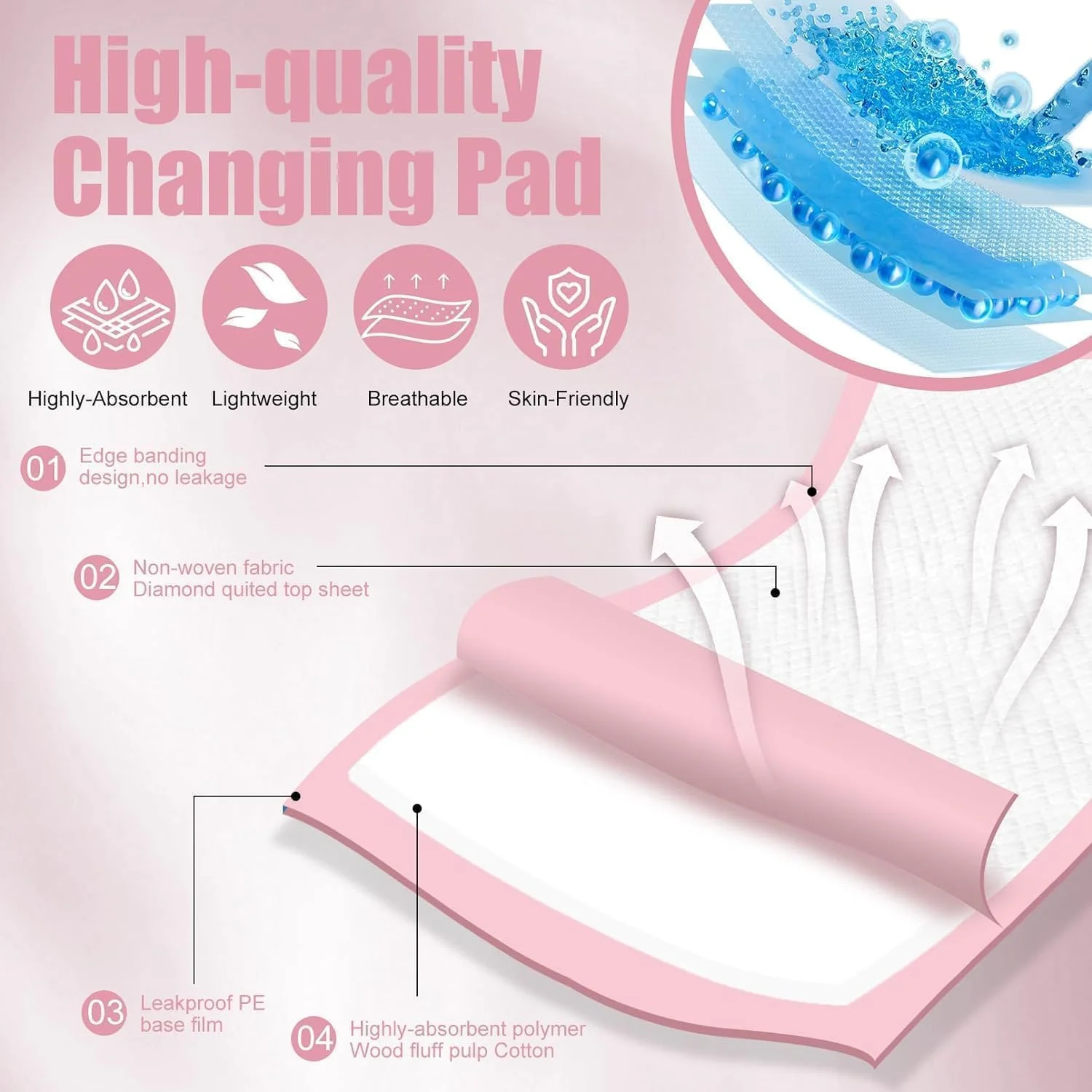 زیرانداز تعویض یکبار مصرف کودک SKY-TOUCH، 100 عددی، پدهای تعویض ضد آب کودک، 45x60 سانتی متر، پد تعویض بسیار جاذب و ضد نشت کودک، زیرانداز تعویض پوشک فوق العاده نرم برای نوزاد صورتی