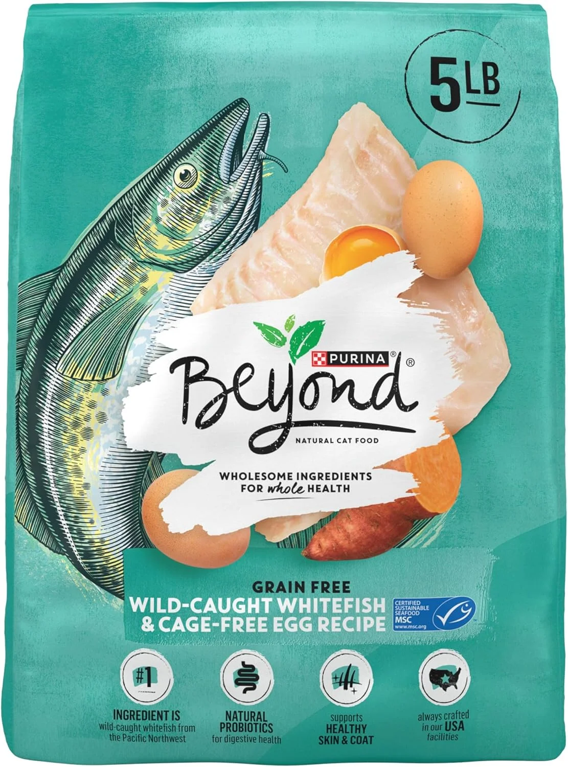 غذای خشک گربه بدون غلات Beyond Purina، غذای طبیعی، ماهی سفید صید شده وحشی و تخم مرغ بدون قفس - کیسه 5 پوندی