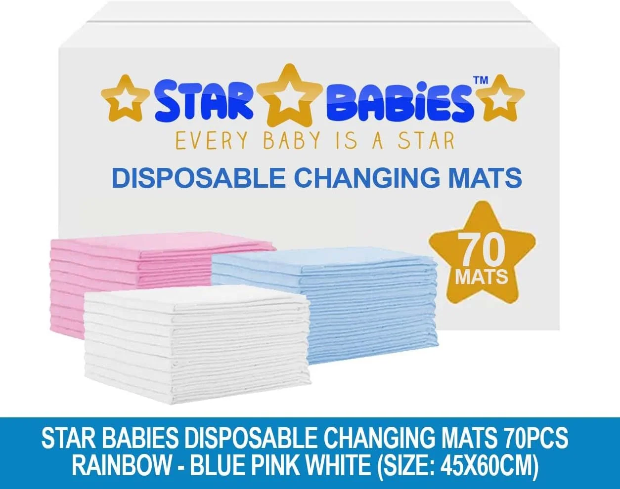 زیرانداز تعویض یکبار مصرف استار بیبی - 45 × 60 سانتی متر - بسته بزرگ 70 عددی - آبی/صورتی/سفید-رنگین کمان