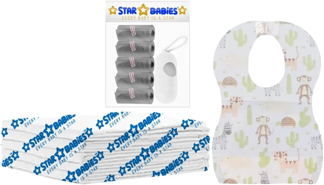 پک ترکیبی یکبار مصرف استار بیبی (زیرانداز تعویض 5 عددی، پیش بند 5 عددی، کیسه پوشک معطر با پخش کننده) - سفید/خاکستری