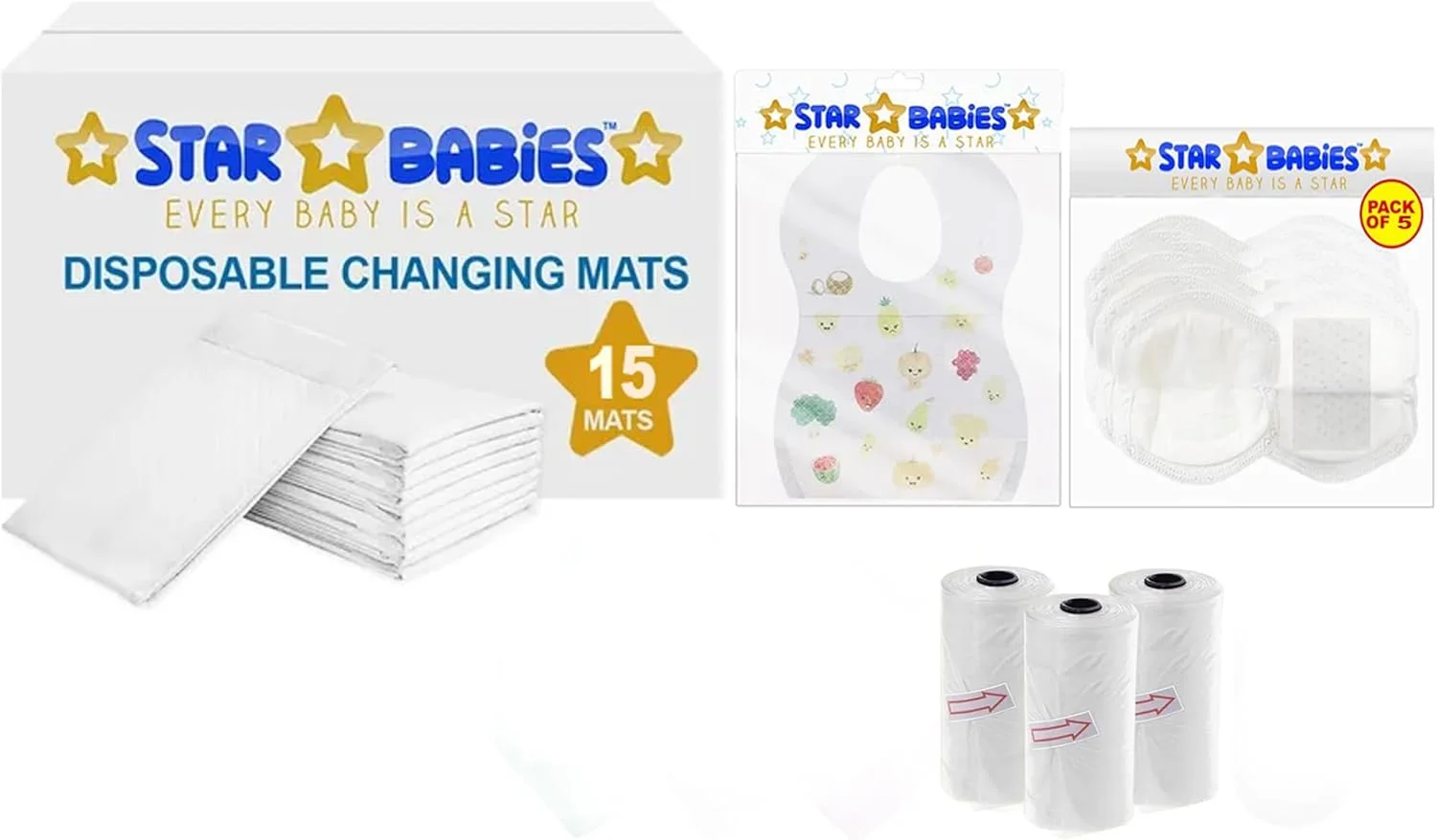 ست 4 تکه لوازم ضروری نوزاد استار بیبی (زیرانداز تعویض 15 عددی، پیش بند 15 عددی، کیسه معطر 3 عددی، پد سینه 5 عددی) - سفید ست 4 تکه لوازم ضروری نوزاد استار بیبی (زیرانداز تعویض 15 عددی، پیش بند 15 عددی، کیسه معطر 3 عددی، پد سینه 5 عددی) - سفید