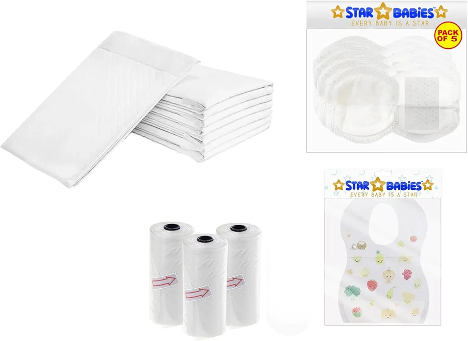 ست لوازم ضروری نوزاد استار بیبییز، بسته 4 عددی (زیرانداز تعویض 6 عددی، پیش بند 5 عددی، کیسه پوشک معطر 3 عددی، پد سینه 5 عددی) - سفید ست لوازم ضروری نوزاد استار بیبییز، بسته 4 عددی (زیرانداز تعویض 6 عددی، پیش بند 5 عددی، کیسه پوشک معطر 3 عددی، پد سینه 5 عددی) - سفید