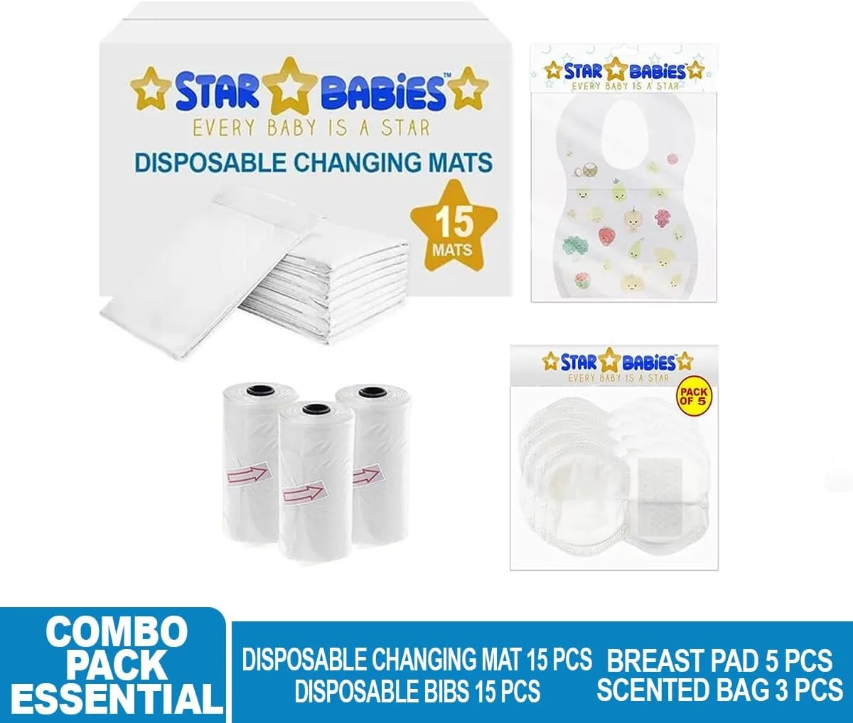 ست 4 تکه لوازم ضروری نوزاد استار بیبی (زیرانداز تعویض 15 عددی، پیش بند 15 عددی، کیسه معطر 3 عددی، پد سینه 5 عددی) - سفید