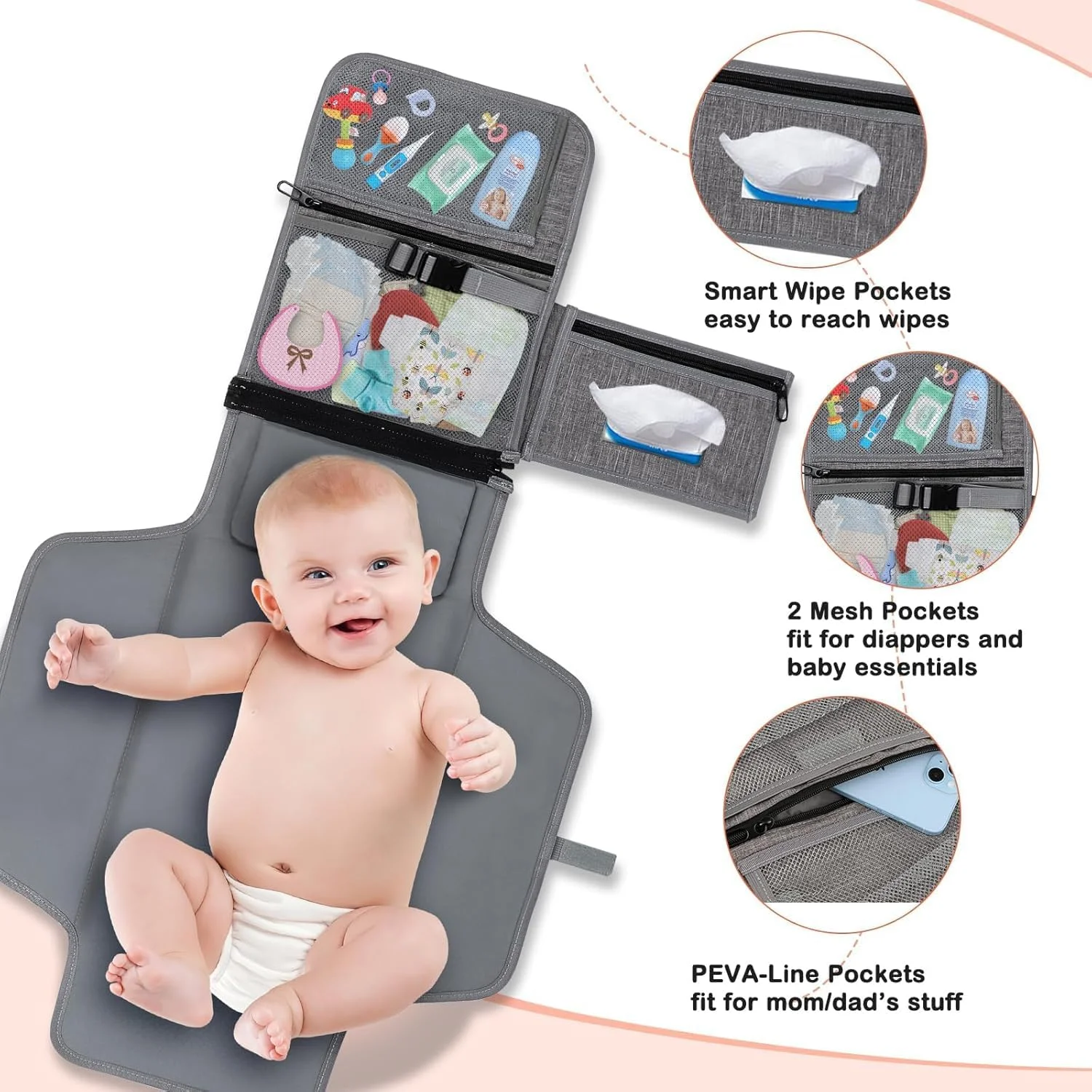 زیرانداز تعویض پوشک قابل حمل تزویق، لوازم ضروری نوزاد، زیرانداز تعویض پوشک نوزاد، با جیب دستمال مرطوب هوشمند، کیت تعویض مسافرتی ضد آب (خاکستری)