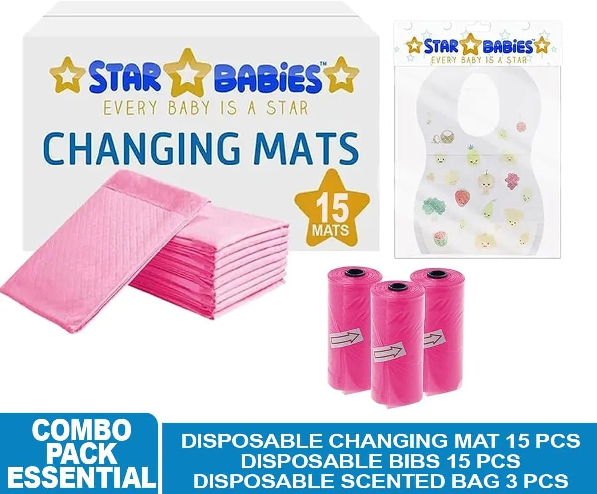 ست 3 تکه لوازم ضروری کودک استار بیبی (زیرانداز تعویض 15 عددی، پیش بند 15 عددی، کیسه پوشک معطر 3 عددی) - صورتی