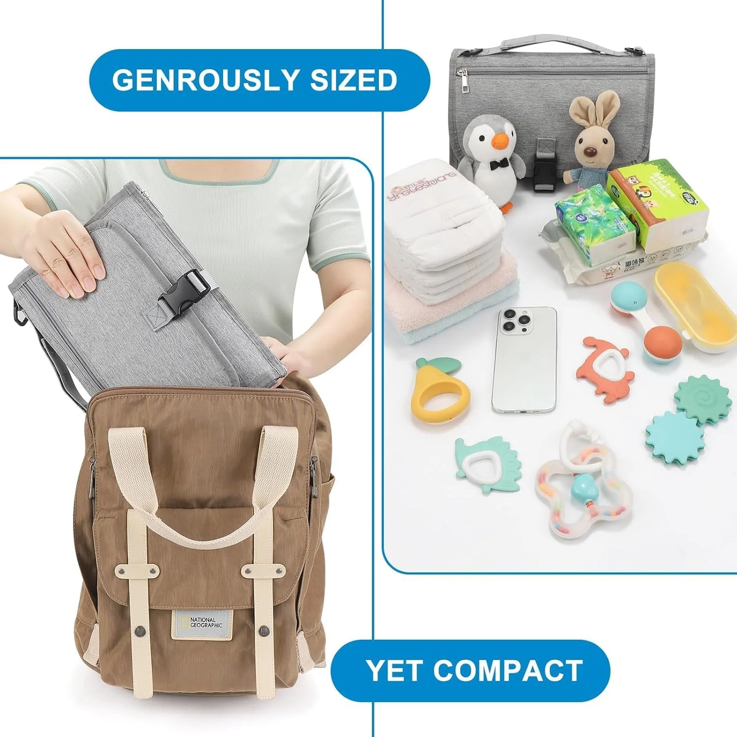 زیرانداز تعویض پوشک قابل حمل تزویق، لوازم ضروری نوزاد، زیرانداز تعویض پوشک نوزاد، با جیب دستمال مرطوب هوشمند، کیت تعویض مسافرتی ضد آب (خاکستری)