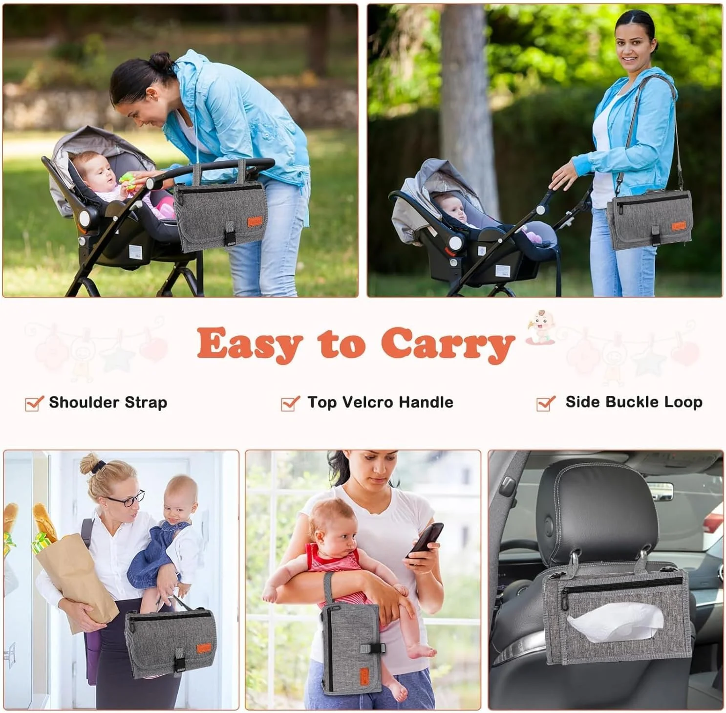 زیرانداز تعویض پوشک قابل حمل تزویق، لوازم ضروری نوزاد، زیرانداز تعویض پوشک نوزاد، با جیب دستمال مرطوب هوشمند، کیت تعویض مسافرتی ضد آب (خاکستری)