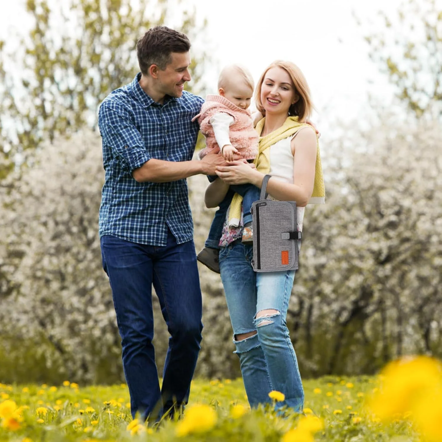 زیرانداز تعویض پوشک قابل حمل تزویق، لوازم ضروری نوزاد، زیرانداز تعویض پوشک نوزاد، با جیب دستمال مرطوب هوشمند، کیت تعویض مسافرتی ضد آب (خاکستری)