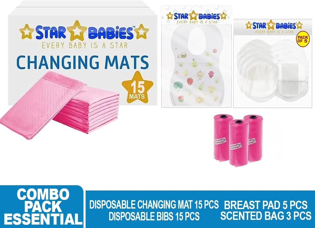 ست 4 تکه لوازم ضروری نوزاد استار بیبی (زیرانداز تعویض 15 عددی، پیش بند 15 عددی، کیسه معطر 3 عددی، پد سینه 5 عددی) - صورتی