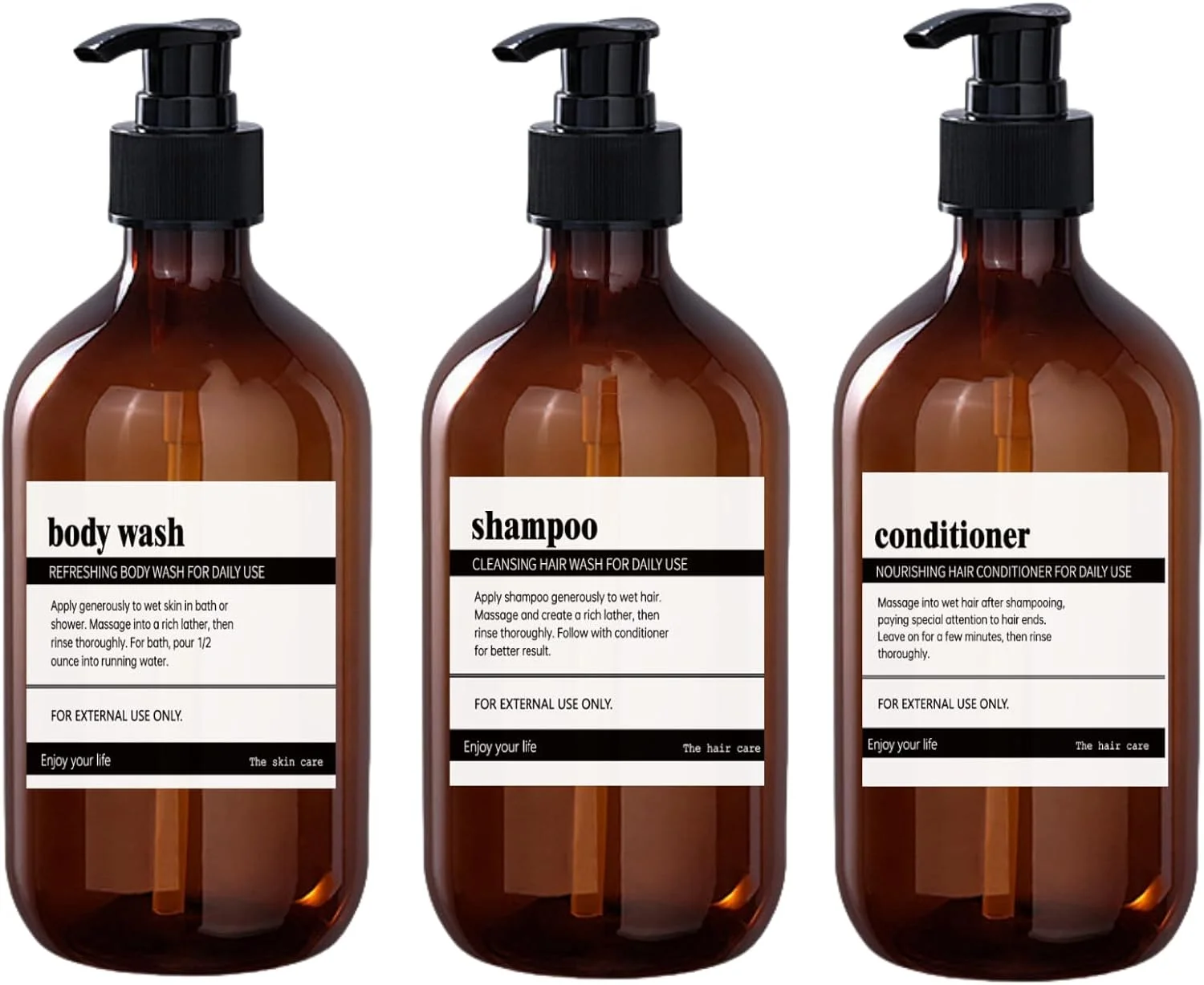 بطری های شامپو و نرم کننده قابل شارژ آبریکلو، بطری های 500 میلی لیتری شامپو و نرم کننده، جا صابونی، جا شامپو، جا لوسیون با 8 برچسب ضد آب برای حمام هتل - کهربایی، 3 عدد