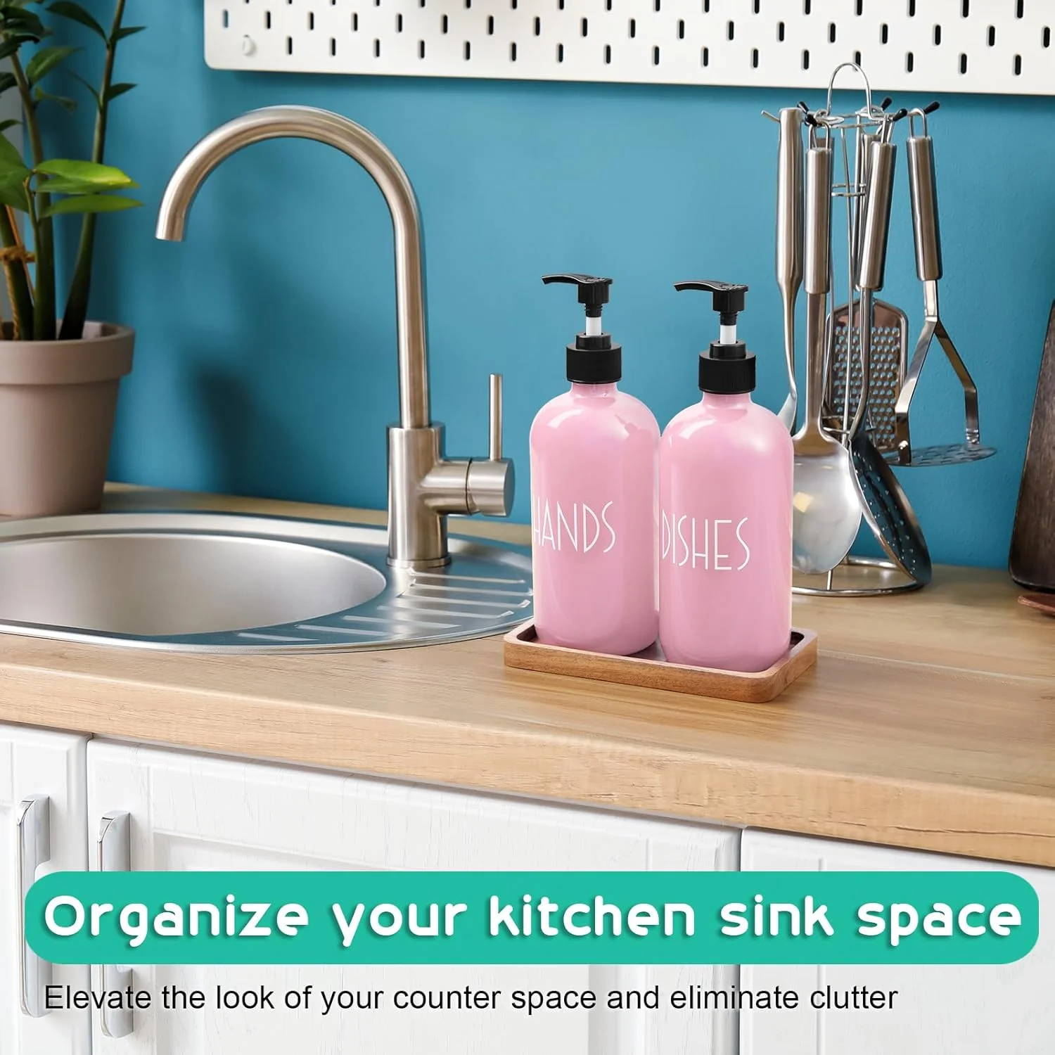 جا مایع ظرفشویی آشپزخانه ALELION - ست جا مایع دستشویی شیشه ای 473 میلی لیتری با سینی چوبی اقاقیا - دکور و لوازم جانبی صورتی آشپزخانه و حمام