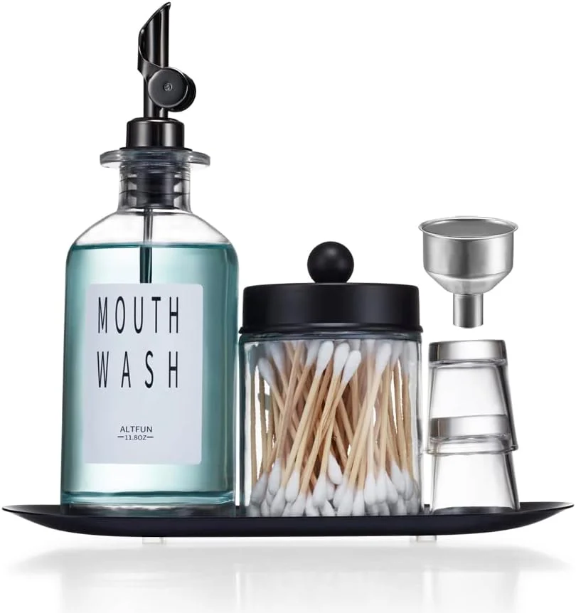 ظرف دهانشویه شیشه ای Altfun با فنجان، بطری دهانشویه شیک با نگهدارنده گوش پاک کن، بطری شیشه ای 350 میلی لیتری قابل شارژ با قیف سینی، مشکی