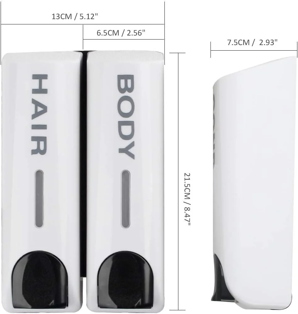 جامایع دیواری دو محفظه آمیو، بطری های شامپو قابل شارژ، سفید