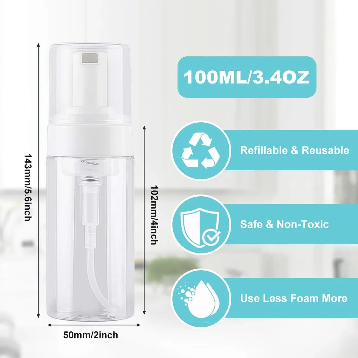 ASTRQLE 3 عدد بطری پمپ فوم ساز خالی پلاستیکی شفاف 100 میلی لیتری 3.4 اونسی با اتومایزر برای فوم صابون لوسیون لوازم جانبی حمام