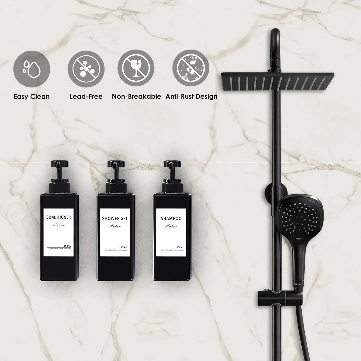 ست جا مایع صابون دیواری Anhhow، جا مایع صابون 500 میلی لیتری، دیواری، بدون نیاز به سوراخ کاری، جا مایع مواد شوینده پلاستیکی با 16 عدد برچسب ضد آب برای آشپزخانه و حمام - مشکی