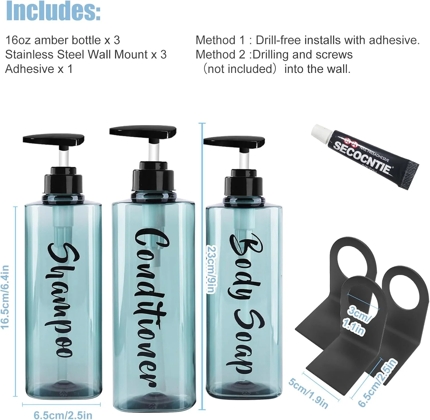 جامایع شامپو آمیو 500 میلی لیتری برای دیوار حمام، 3 محفظه، بدون نیاز به دریل، دارای 6 برچسب ضد آب، جا مایع دیواری شامپو و نرم کننده برای حمام منزل