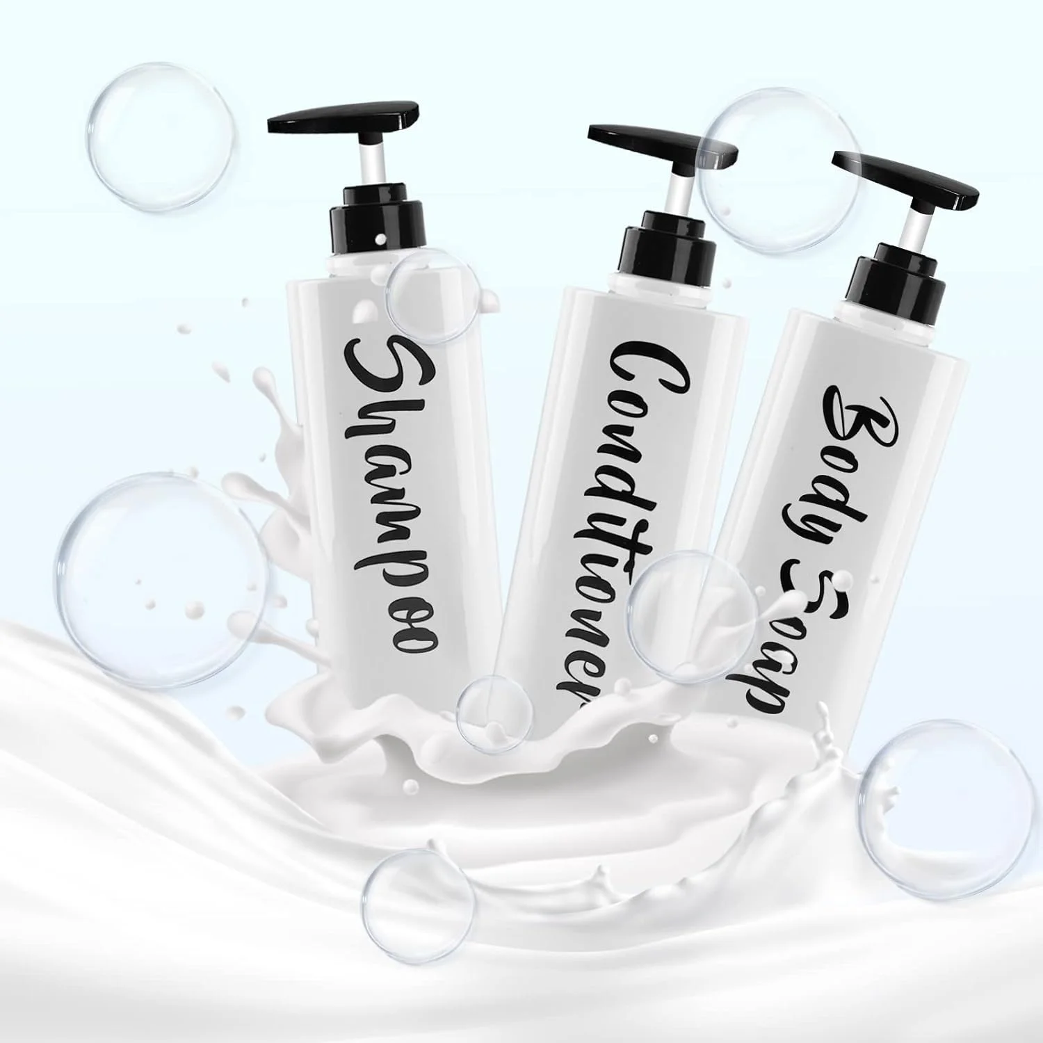 ست سه تایی شامپو و نرم کننده AUMIO، 500 میلی لیتری - جا مایع صابون چاپی پلاستیکی قابل شارژ با پمپ - جا شامپو، نرم کننده و مایع بدن برای حمام و دیوار