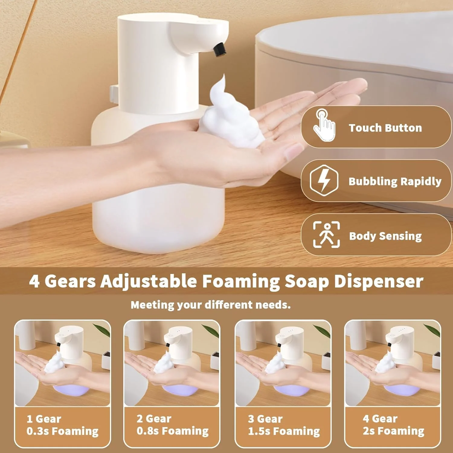 مایع دستشویی فوم ساز اتوماتیک، 520 میلی لیتر، بدون لمس، قابل نصب روی دیوار، شارژ USB با سنسور، 4 سطح قابل تنظیم، پخش کننده صابون برقی بدون لمس برای آشپزخانه حمام (سفید)