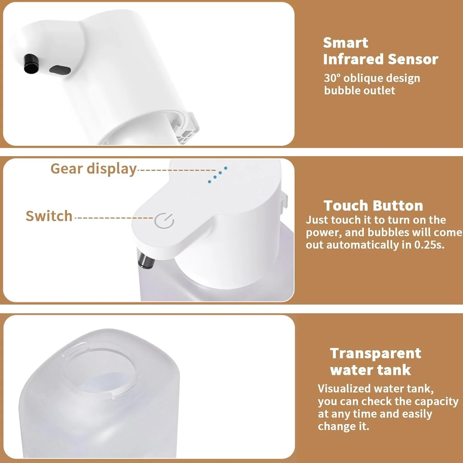مایع دستشویی فوم ساز اتوماتیک، 520 میلی لیتر، بدون لمس، قابل نصب روی دیوار، شارژ USB با سنسور، 4 سطح قابل تنظیم، پخش کننده صابون برقی بدون لمس برای آشپزخانه حمام (سفید)