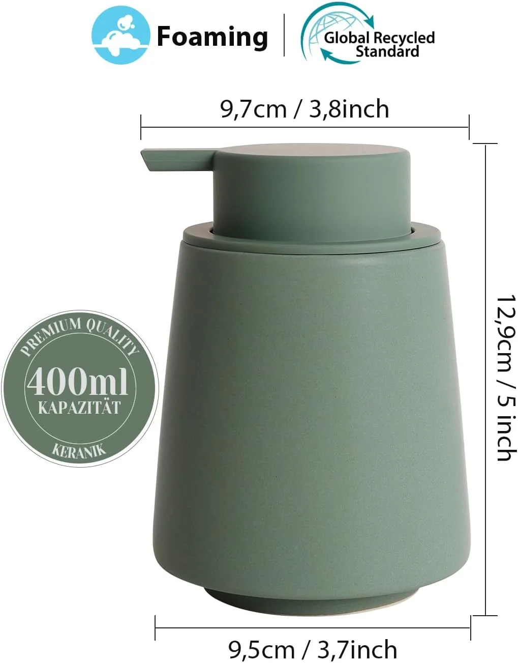 جا مایع ظرفشویی Autumnlife، جا مایع فوم سبز، ظرفیت 400 میلی لیتر، جا مایع ظرفشویی آشپزخانه با سر پمپ بزرگ، جا مایع فوم سرامیکی قابل شارژ، جا مایع مات برای آشپزخانه، حمام