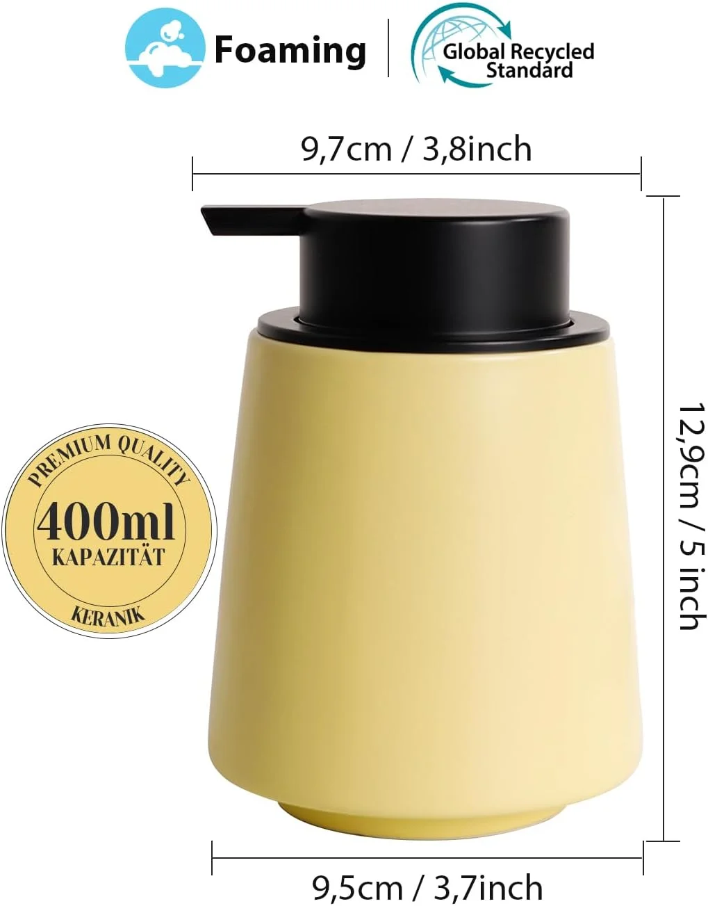 جا مایع فوم سرامیکی Autumnlife، جا مایع ظرفشویی زرد رنگ آشپزخانه با سر پمپ بزرگ، جا مایع فوم قابل شارژ، جا مایع مات برای آشپزخانه، حمام - 400 میلی لیتر