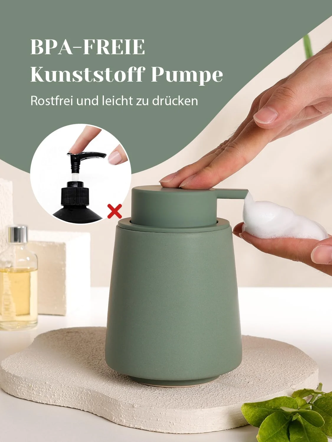 جا مایع ظرفشویی Autumnlife، جا مایع فوم سبز، ظرفیت 400 میلی لیتر، جا مایع ظرفشویی آشپزخانه با سر پمپ بزرگ، جا مایع فوم سرامیکی قابل شارژ، جا مایع مات برای آشپزخانه، حمام