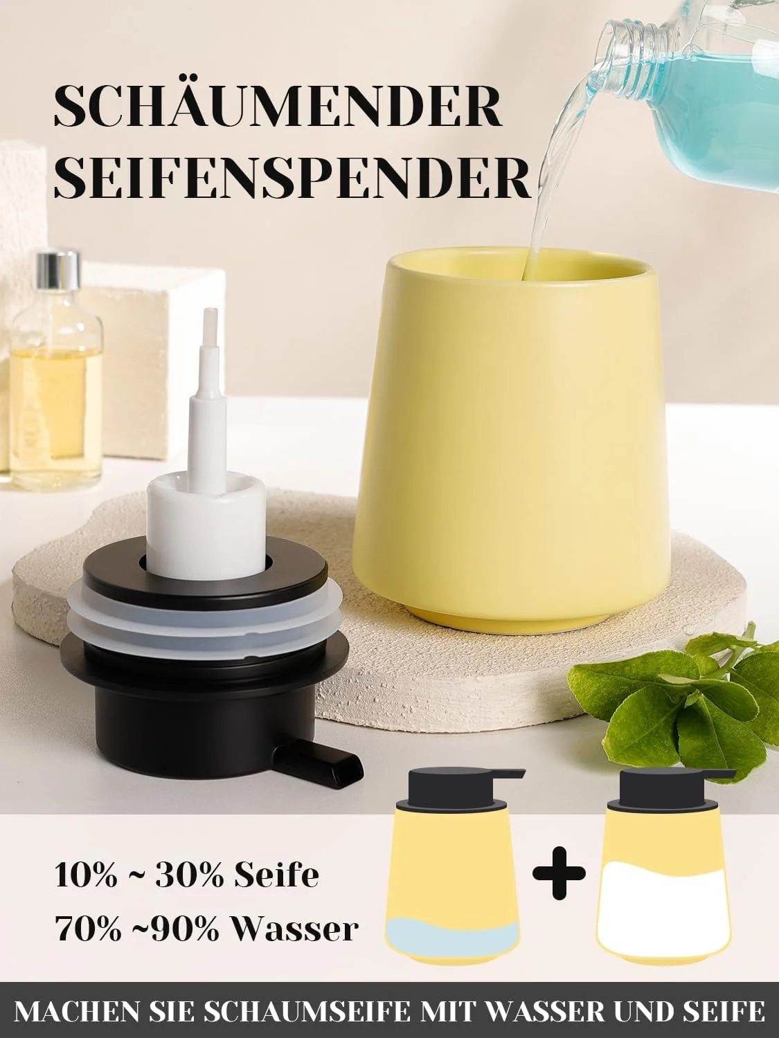 جا مایع فوم سرامیکی Autumnlife، جا مایع ظرفشویی زرد رنگ آشپزخانه با سر پمپ بزرگ، جا مایع فوم قابل شارژ، جا مایع مات برای آشپزخانه، حمام - 400 میلی لیتر