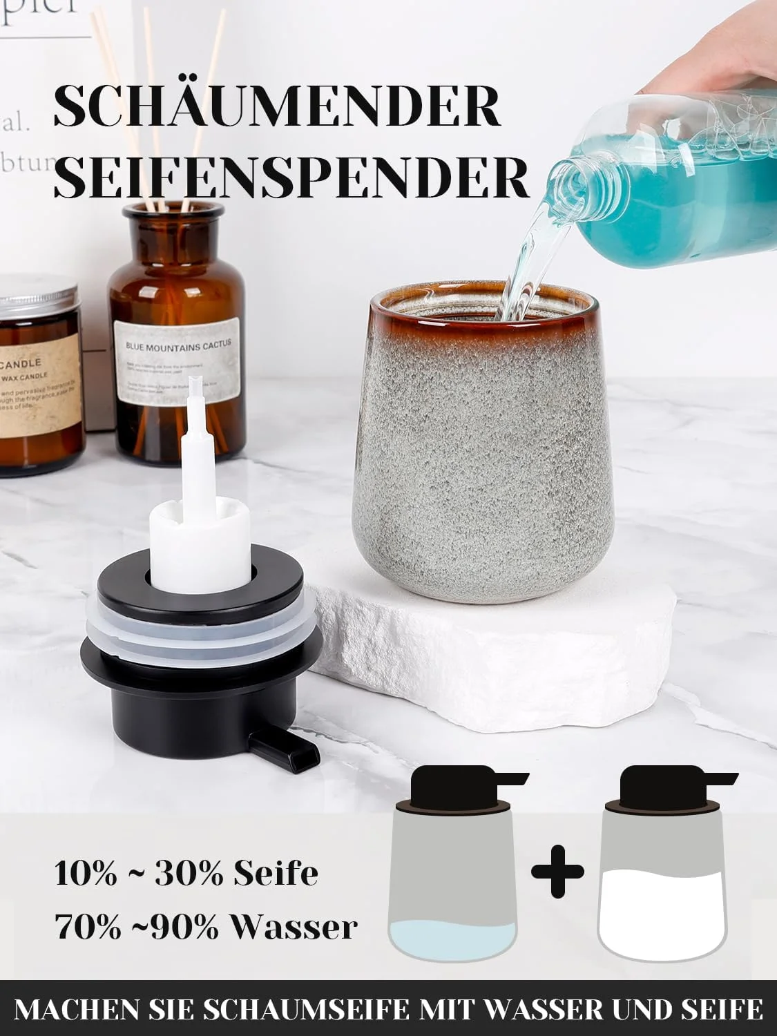 جا مایع فوم ساز سرامیکی Autumnlife، 350 میلی لیتر، جا مایع فوم ساز سفید طبیعی با سر پمپ بزرگ، جا مایع ظرفشویی قابل شارژ، جا مایع برای آشپزخانه، حمام