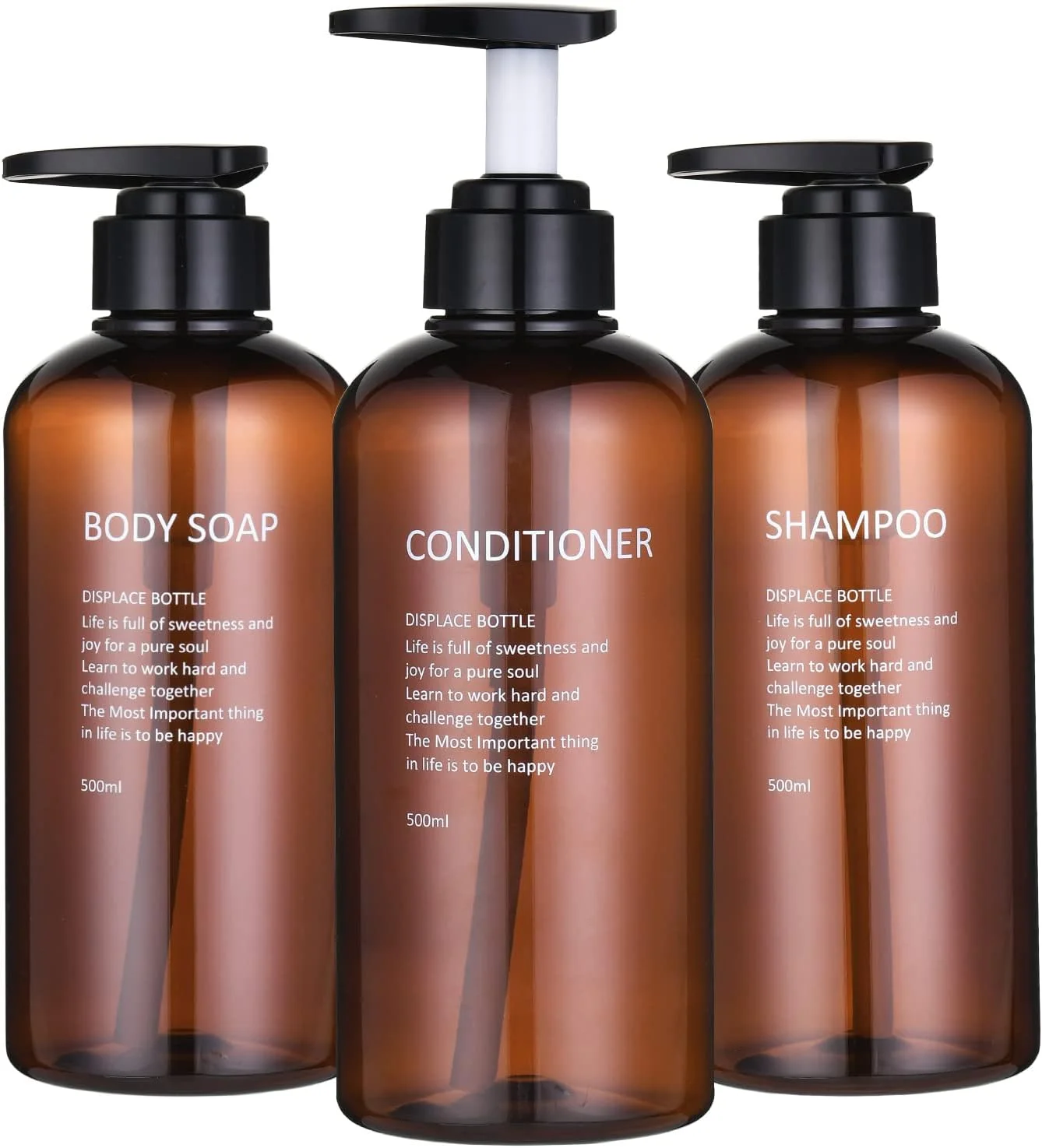 بطری های شامپو و نرم کننده BasedFloor - ست 3 عددی بطری پمپ دار خالی قابل پر کردن مجدد پلاستیکی 500 میلی لیتری برای حمام مهمان، شاور و مایع شستشوی بدن (کهربایی)