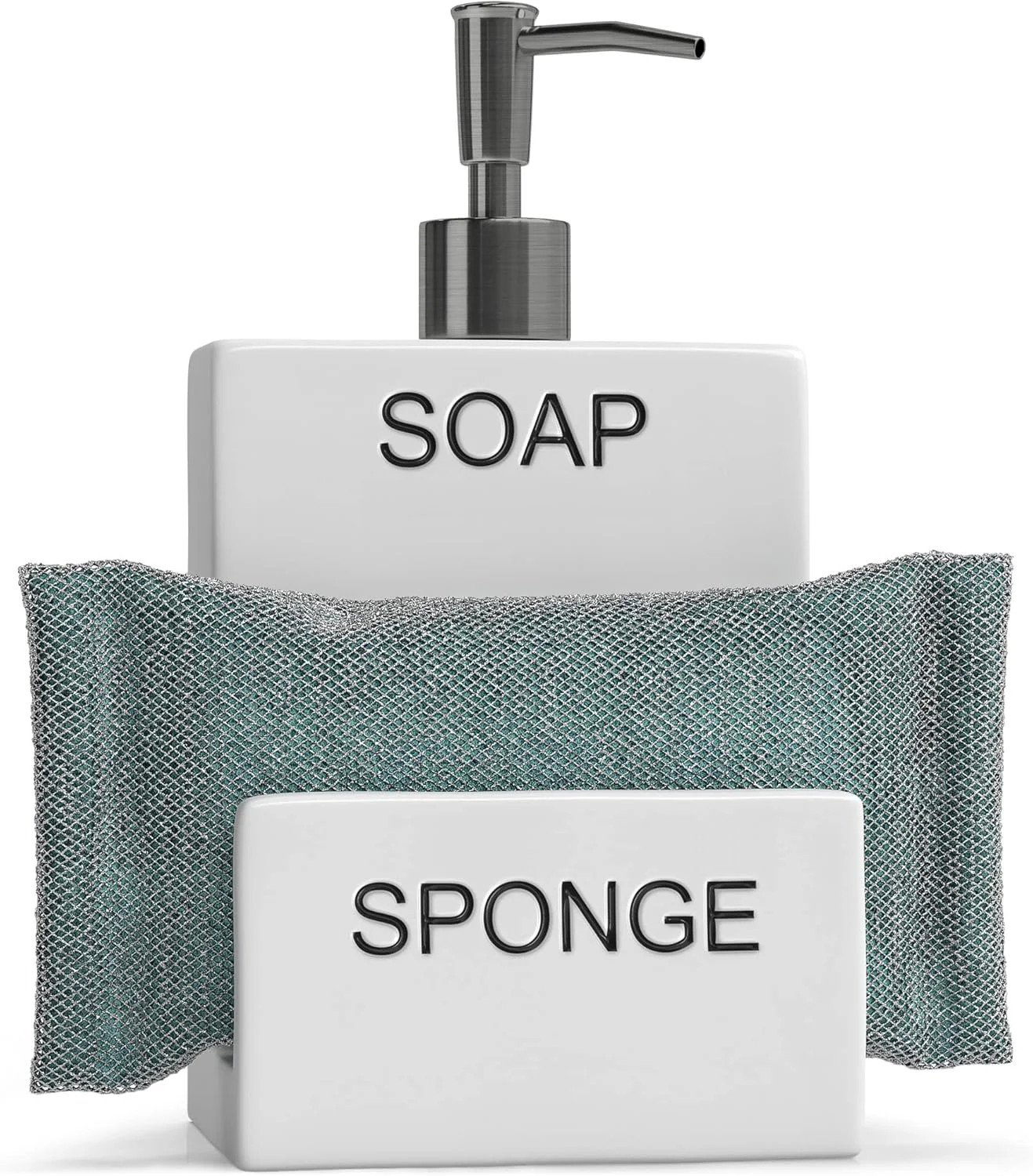 ظرف مایع ظرفشویی سرامیکی Barnyard Designs با جا اسکاچی، دکور آشپزخانه روستایی برای روی میز، جا مایع دستشویی برای سینک ظرفشویی، دکوراسیون روستایی برای آشپزخانه، سفید، 10x19 سانتی متر