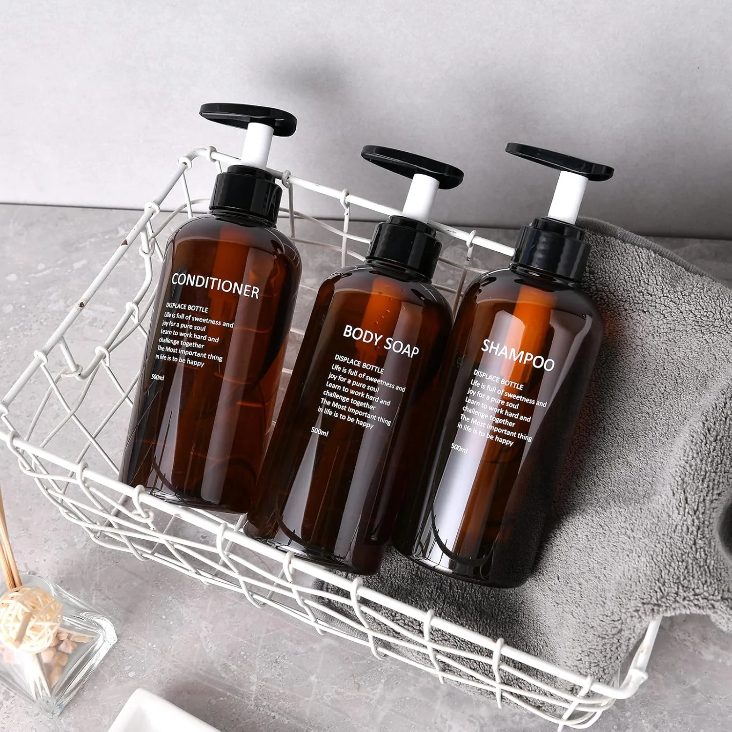 بطری های شامپو و نرم کننده BasedFloor - ست 3 عددی بطری پمپ دار خالی قابل پر کردن مجدد پلاستیکی 500 میلی لیتری برای حمام مهمان، شاور و مایع شستشوی بدن (کهربایی)