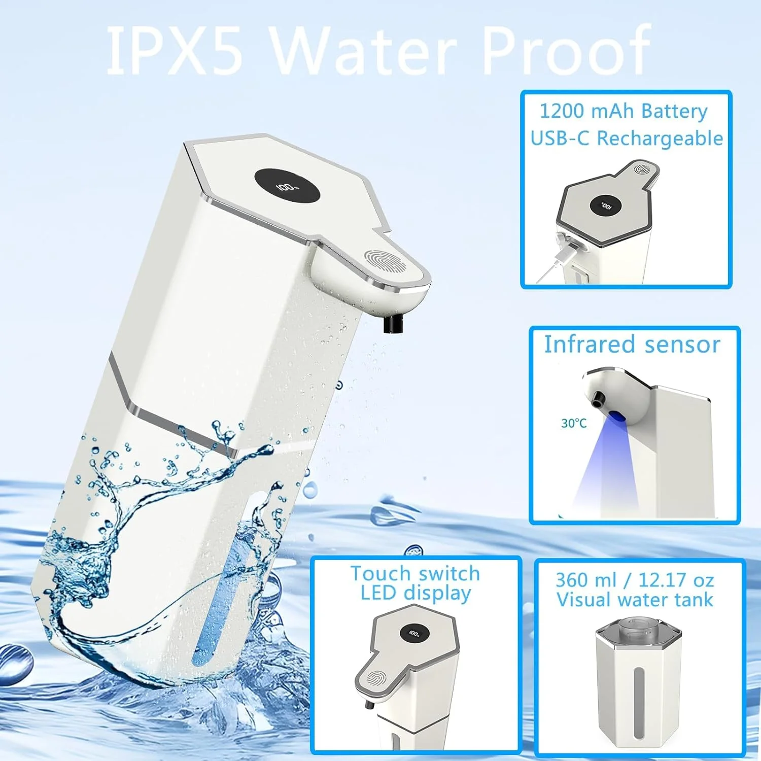 دستگاه صابون فوم ساز اتوماتیک بدون لمس Azonee، قابل شارژ و نصب روی دیوار برای بهداشت و راحتی نهایی حمام، شامل 2 استیکر دیواری