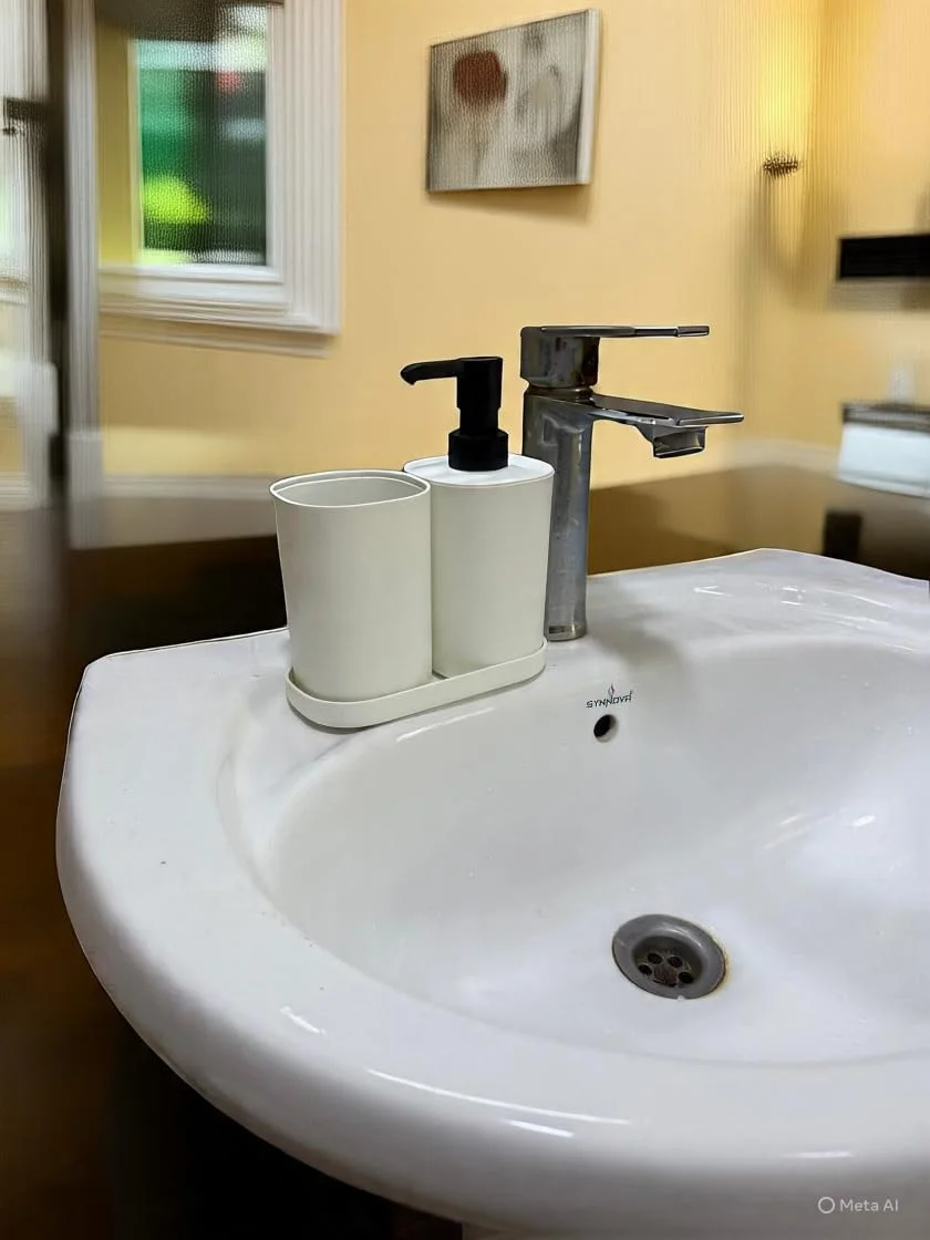 جا مایع دستشویی پمپی به همراه جا مسواکی/نگهدارنده لوازم، مناسب حمام