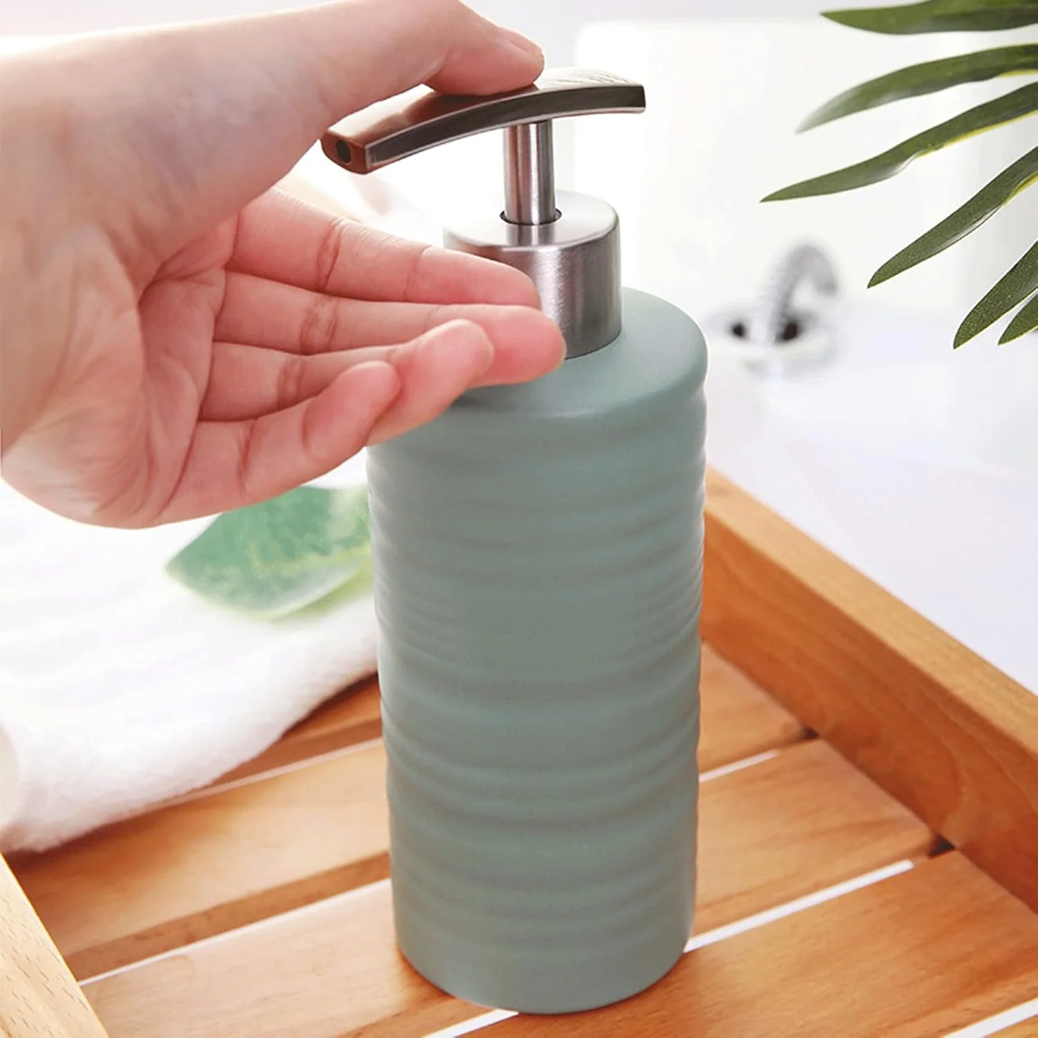 جا مایع صابون BODHIS، جا مایع صابون مناسب برای روشویی، آشپزخانه، روی کانتر، جا مایع سرامیکی، جا مایع صابون دست مناسب برای روغن های ضروری (مدل A)