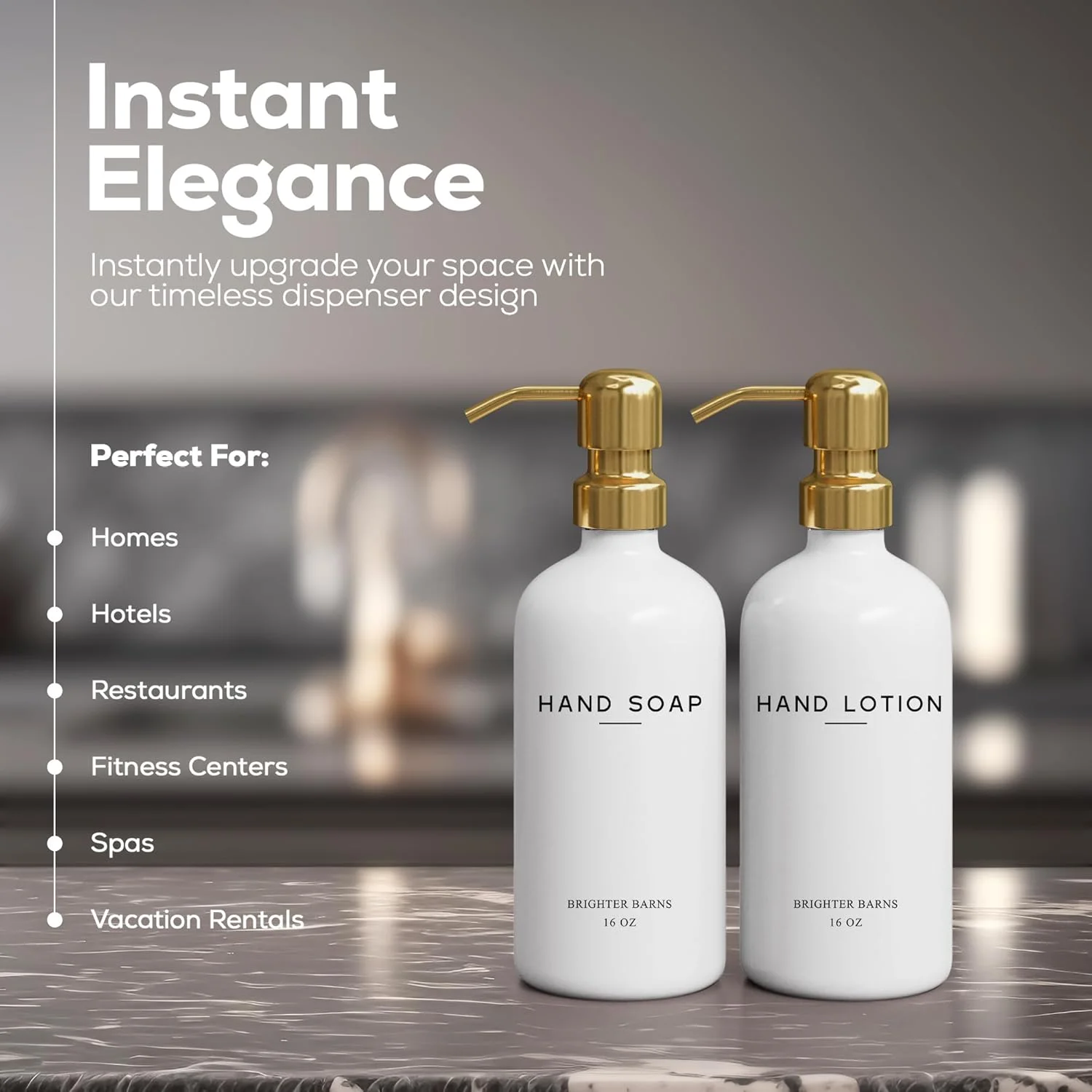 ست جا مایع دستشویی و لوسیون شیشه ای لوکس Brighter Barns - ست جا مایع دستشویی - لوازم جانبی حمام سفید و طلایی برای اجاره تعطیلات، Airbnb، هتل، هدیه عروسی (طلایی)
