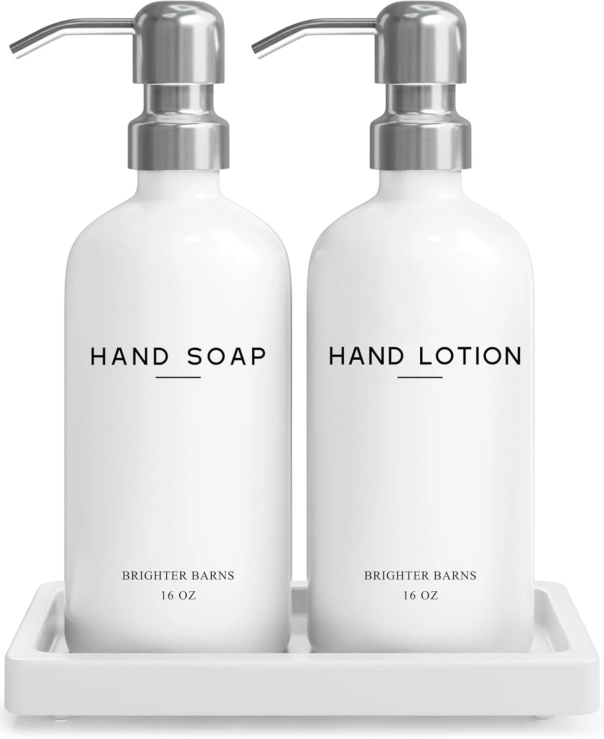 ست جا صابونی و لوسیون شیشه ای سفید Brighter Barns - سینی ست جا صابونی حمام - پمپ جا صابونی مایع دست - لوازم جانبی مدرن حمام برای مهمان، هتل، اسپا، رستوران (سفید)