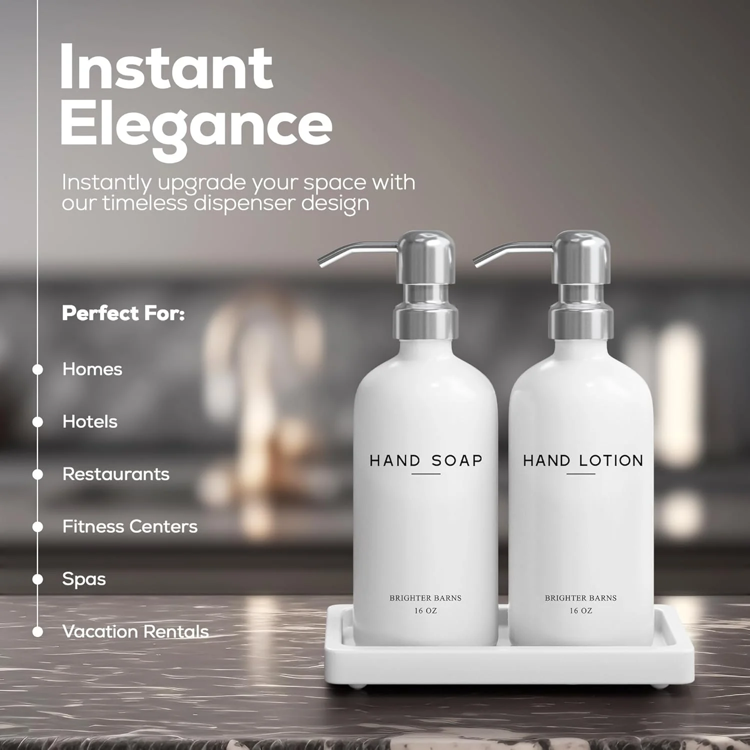 ست جا صابونی و لوسیون شیشه ای سفید Brighter Barns - سینی ست جا صابونی حمام - پمپ جا صابونی مایع دست - لوازم جانبی مدرن حمام برای مهمان، هتل، اسپا، رستوران (سفید)