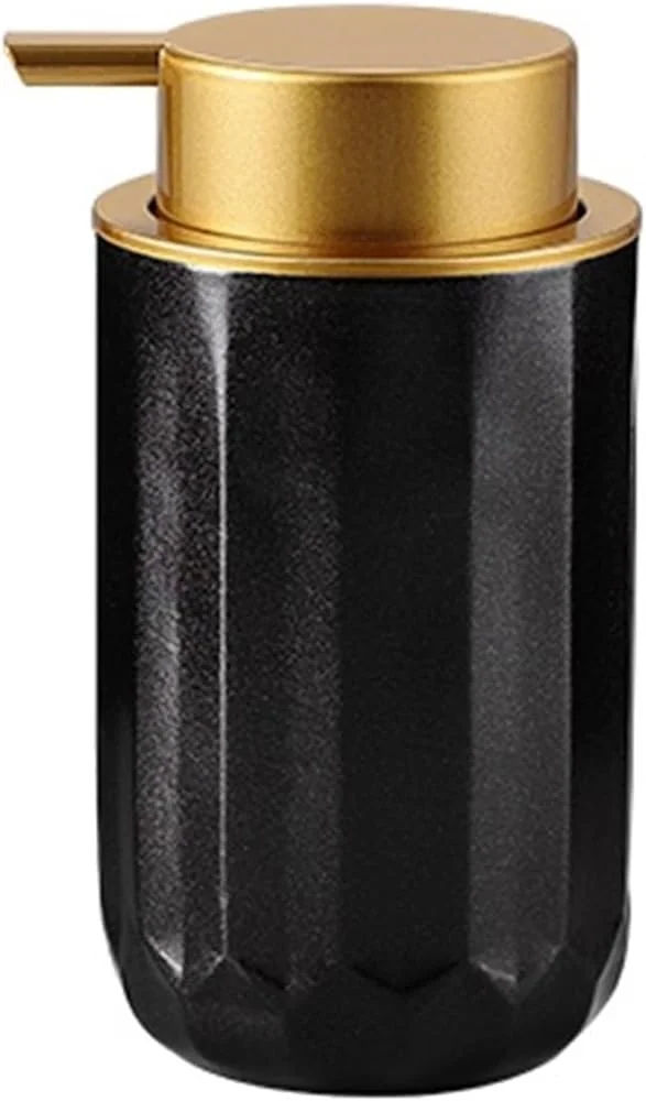 جا مایع ظرفشویی سرامیکی مشکی با دهانه بزرگ و پمپ پلاستیکی طلایی 300 میلی لیتر مناسب آشپزخانه و حمام