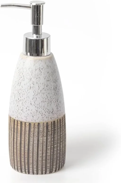 جا مایع دستشویی سرامیکی با پایه قهوه ای راه راه و سفید خالدار، پمپ لوسیون مدرن برای حمام و آشپزخانه