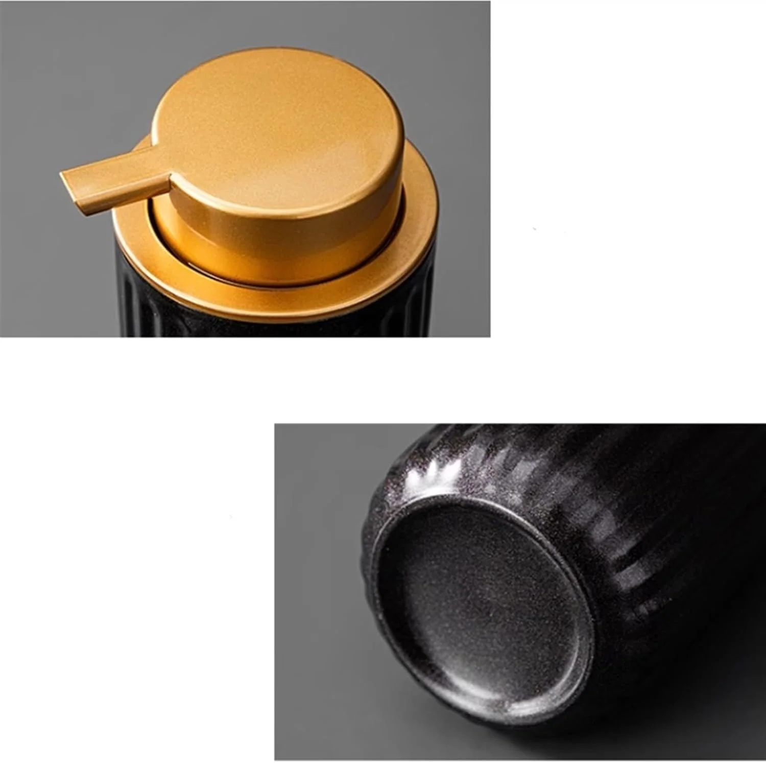 جا مایع ظرفشویی سرامیکی مشکی با دهانه بزرگ و پمپ پلاستیکی طلایی 300 میلی لیتر مناسب آشپزخانه و حمام