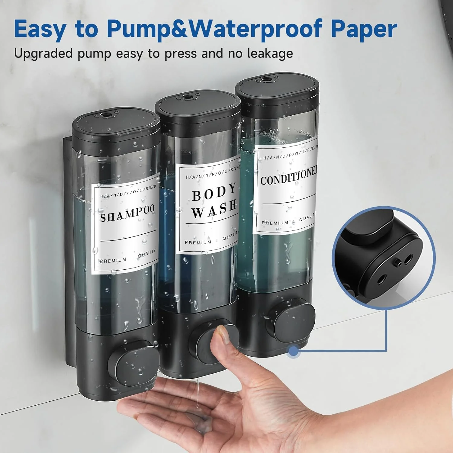 جامایع شامپو و نرم کننده، جا شامپویی سه محفظه ای بدون نیاز به سوراخکاری Unisense، قابل نصب روی دیوار حمام، مناسب برای هتل، ظرفیت بزرگ، مشکی