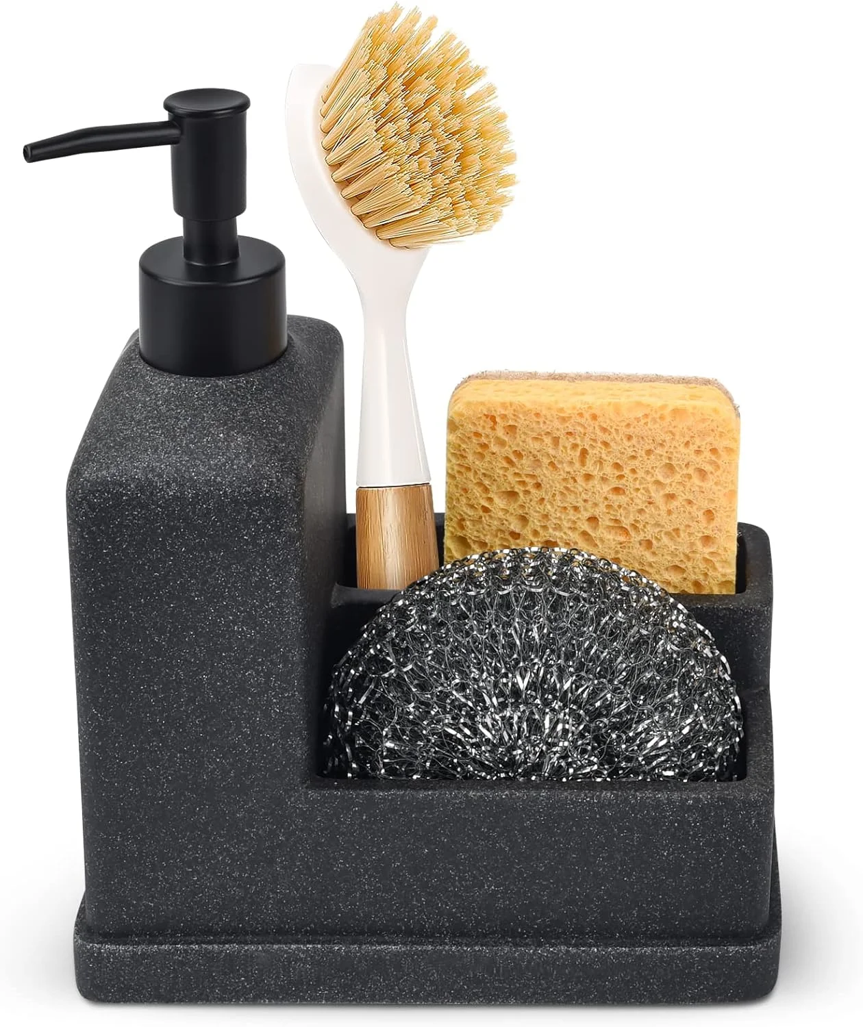 جا مایع ظرفشویی دئوبات با جا اسکاچی، جا مایع دستشویی و ظرفشویی و جا برس دار 3 در 1، سازمان دهنده رومیزی برای سینک آشپزخانه و حمام، مشکی