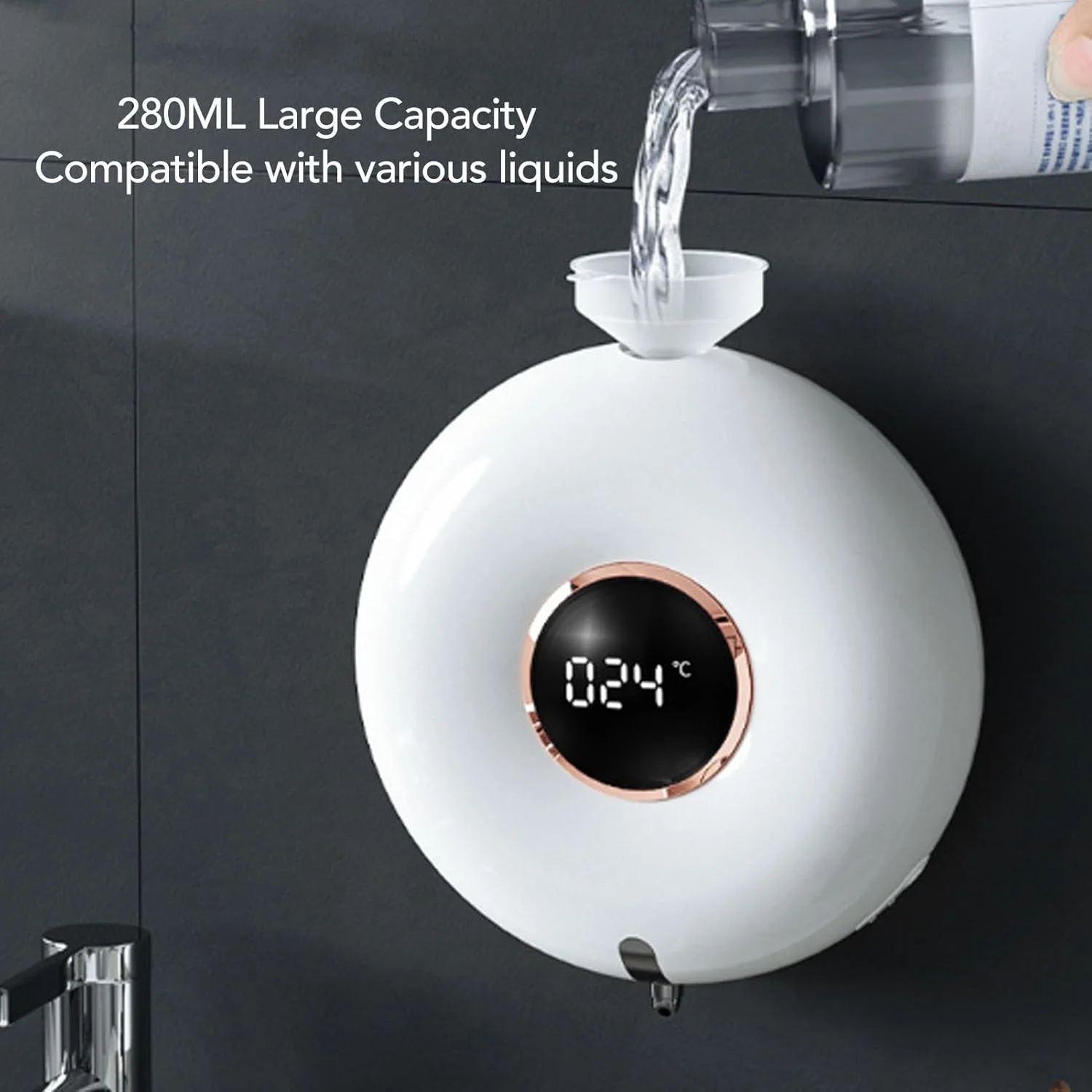 مایع ریز اتوماتیک دپیسوتا، 280 میلی لیتر، بدون لمس، دیواری، با صفحه نمایش شفاف و طراحی دونات برای حمام، آشپزخانه، اداره، هتل