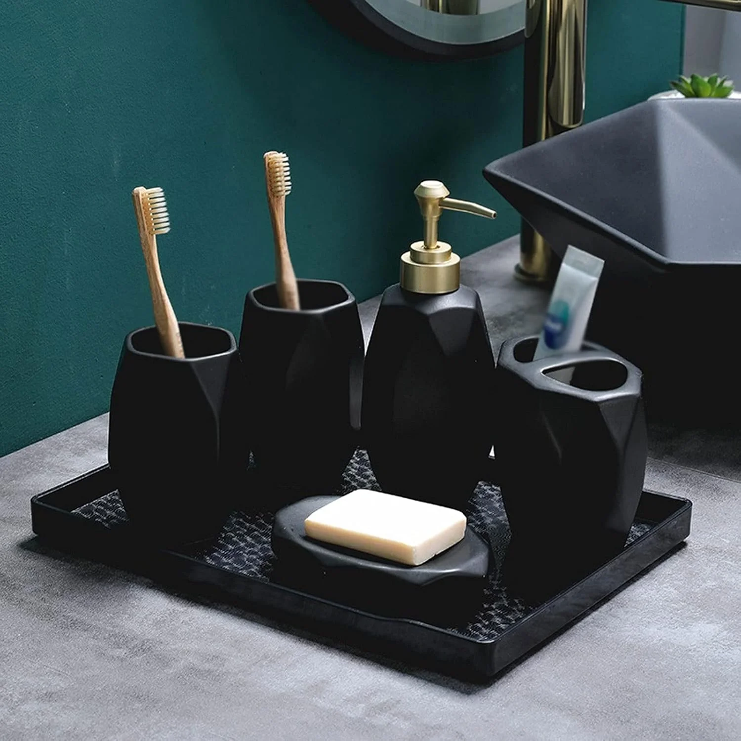 جا مایع ظرفشویی سرامیکی آبی مشکی 5 تکه مناسب آشپزخانه منزل هتل و سرویس بهداشتی به همراه جا مسواکی و جا صابونی