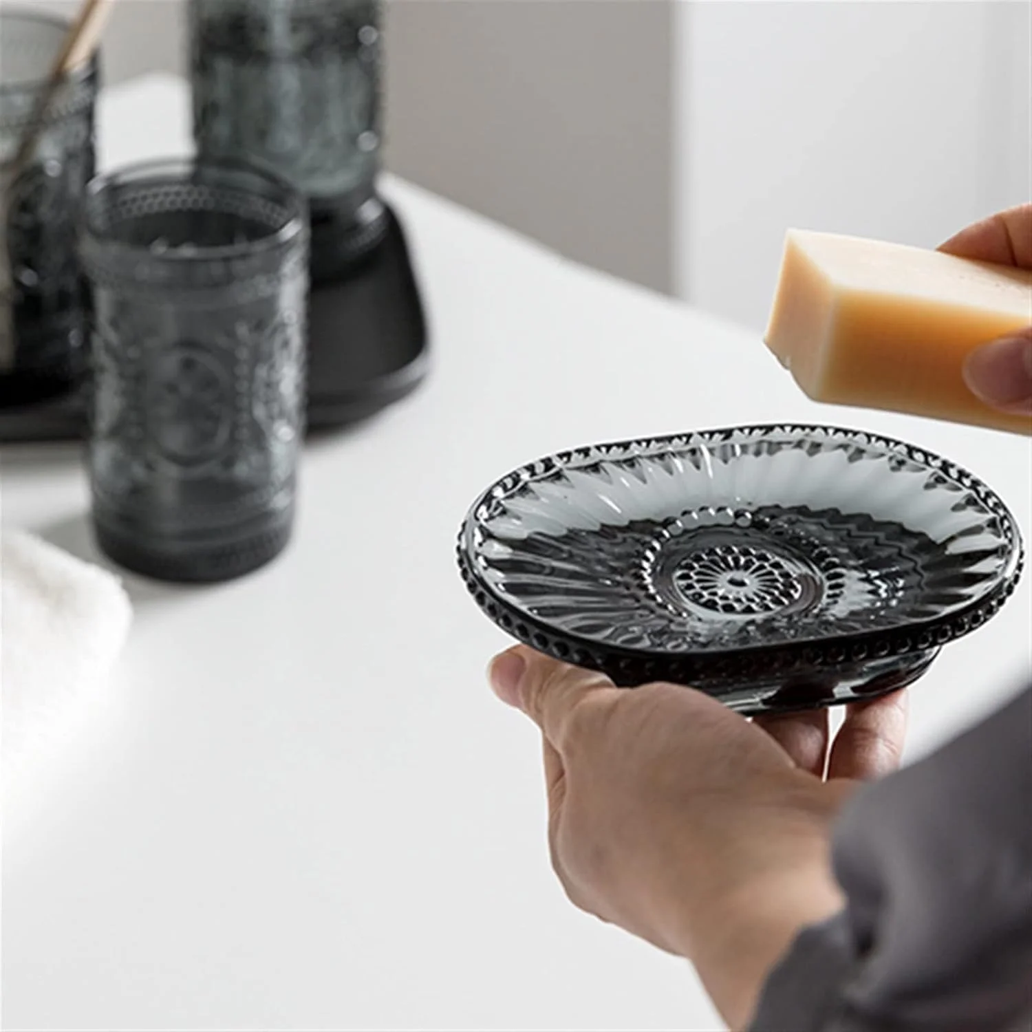 ست جا مایع ظرفشویی شیشه ای 5 تکه، لوازم جانبی مدرن آشپزخانه، حمام، هتل به همراه سینی برای حمام، آشپزخانه، منزل