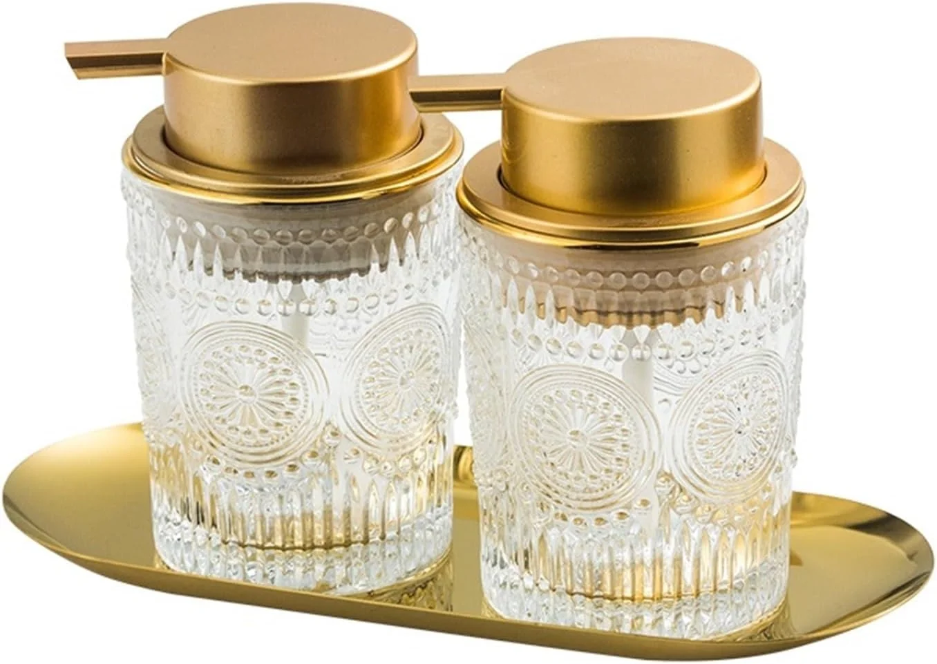 ست جا مایع ظرفشویی 2 عددی با طراحی عتیقه، جا مایع شیشه ای ضخیم با سینی طلایی سنگین، جا مایع ظرفشویی شیشه ای برای آشپزخانه و حمام